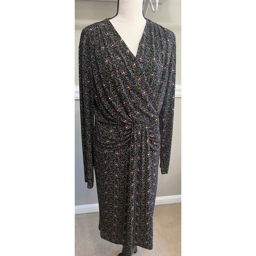 Brooks Brothers Womens Floral Faux Wrap Ruched Sheath Dress Navy Purple Large - Picture 3 of 8